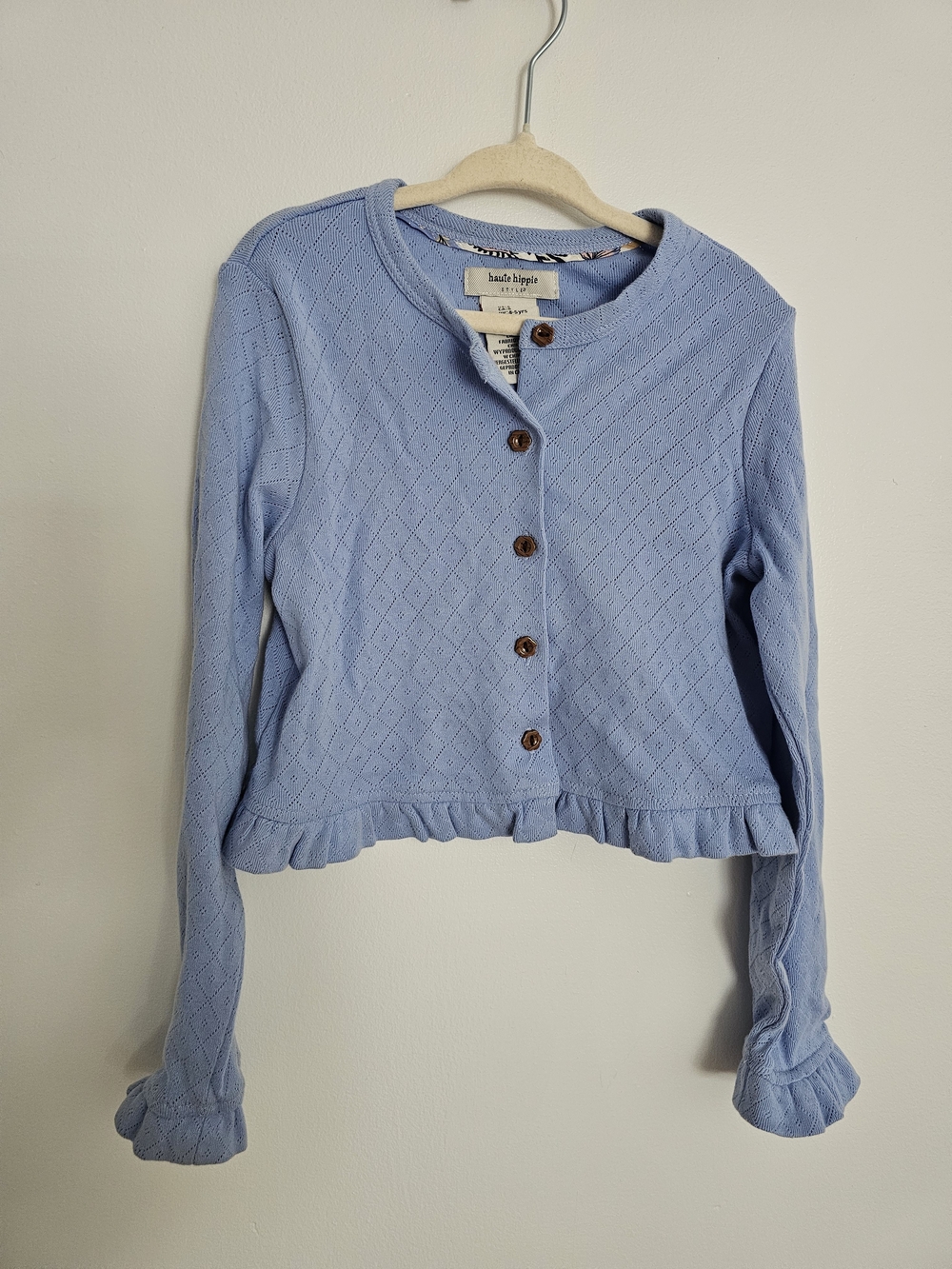 🧸2/20$ Haute Hippie Size 5T Girl Dusty blue button cardigan Pointelle Lace